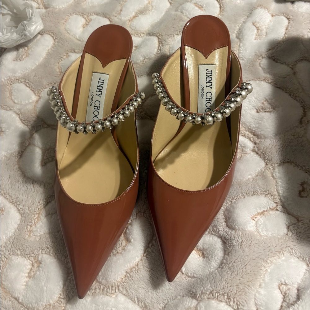 Jimmy Choo Dark Blush / Tan Pearl-Embellished Heels